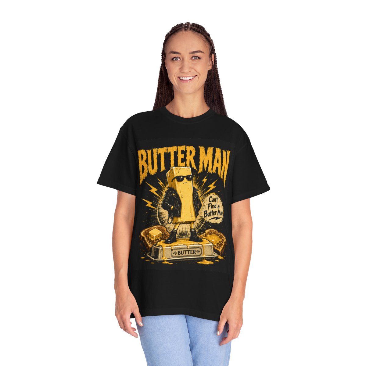 Butter Man Graphic T-Shirt — "Can't Find a Butter Man" Retro Novelty Tee